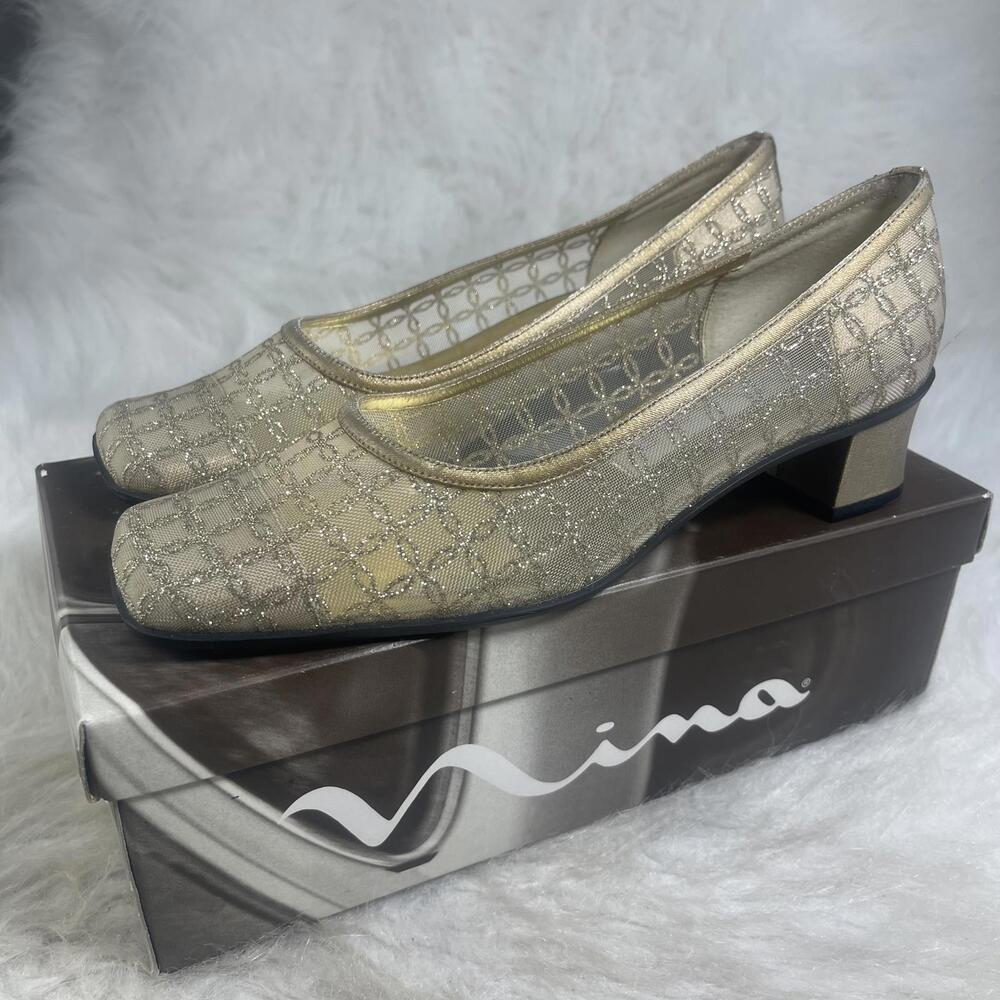 Vintage 2001 Nina Samson-TM Brush Gold Trel Low Block-Heeled 7.5M Heels